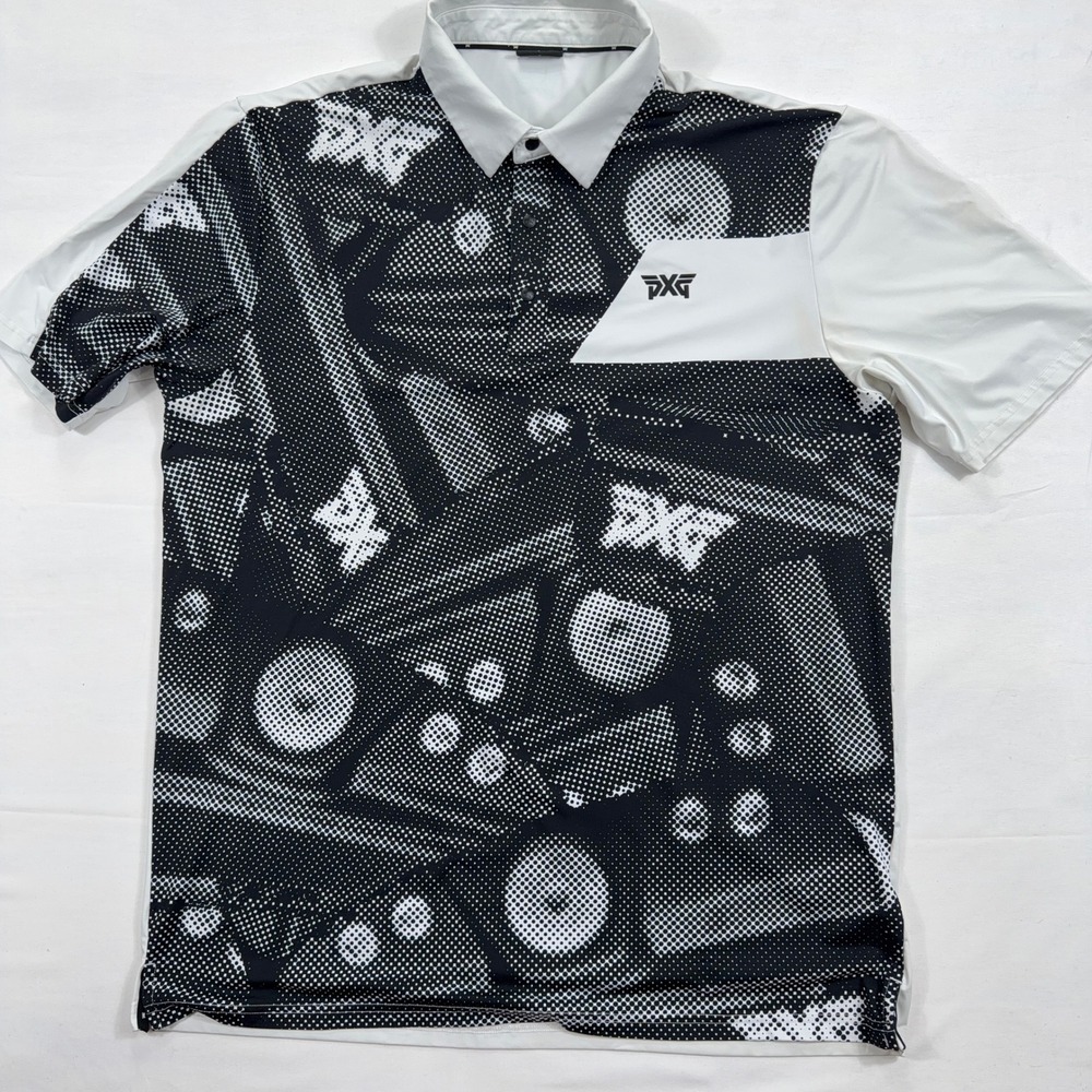 PXG Parsons Xtreme Golf Geometric Print Performance Polo Shirt L Black White‎